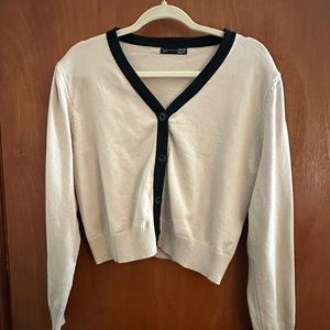 DAZY Contrast Trim Drop Shoulder Cardigan Apricot Casual Puff Sleeve V Neck